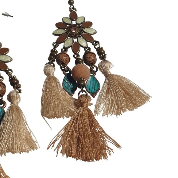 Boho Earrings Tassel Design Flower Beads Multicolor Bronze Hook Lightweight Gift - Picture 3 of 5